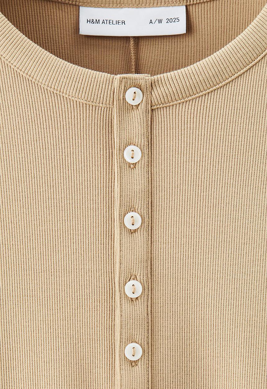 H&M - H&M Atelier: Ribbed cotton henley top - beige