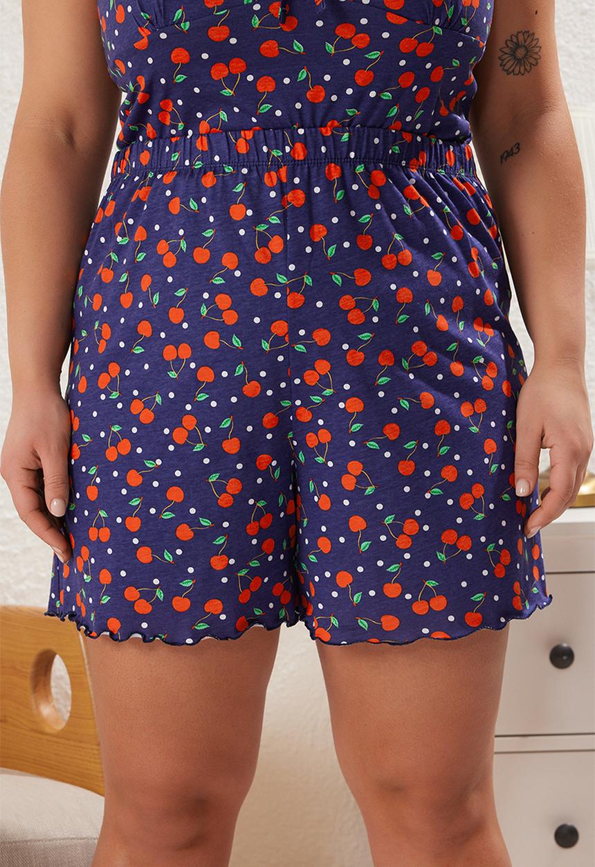 Trendyol - Cherry Patterned Knitted Pajama Set - Navy