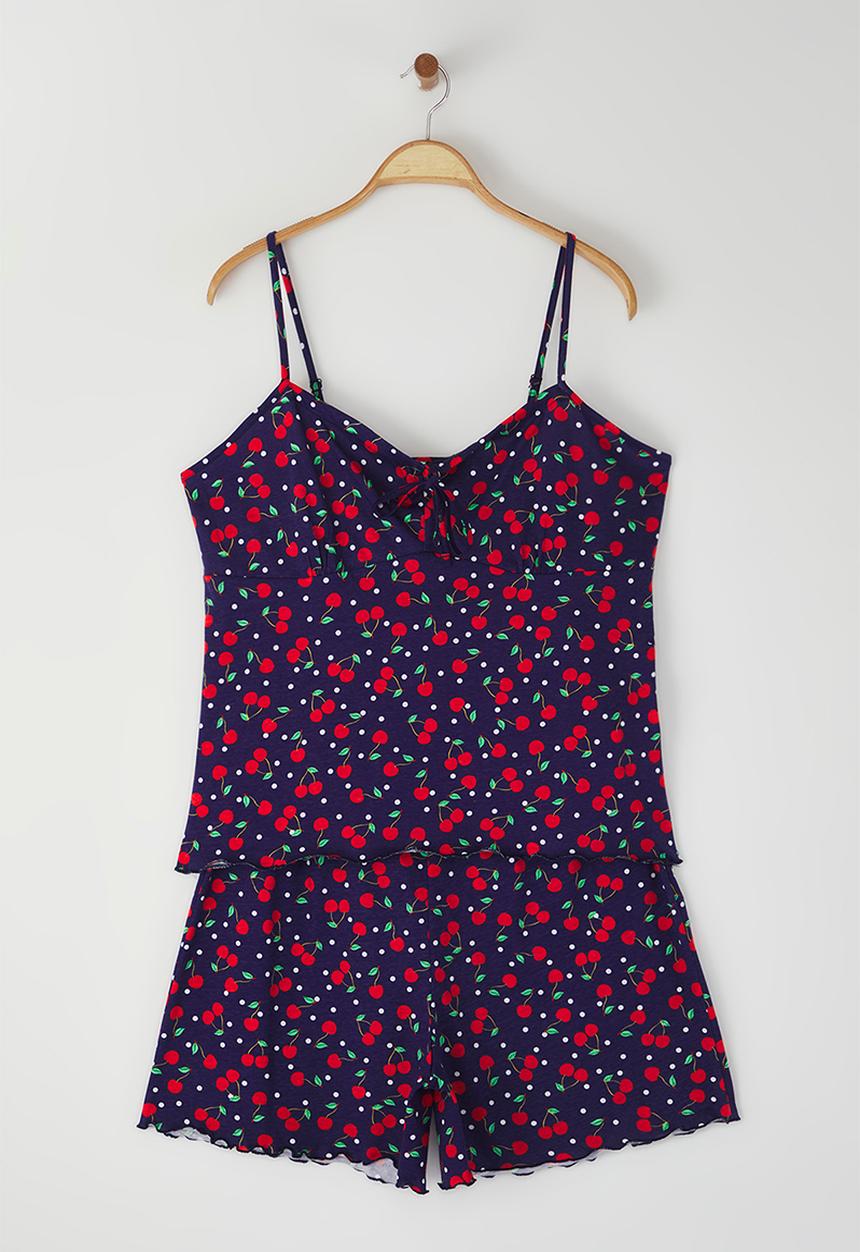 Trendyol - Cherry Patterned Knitted Pajama Set - Navy