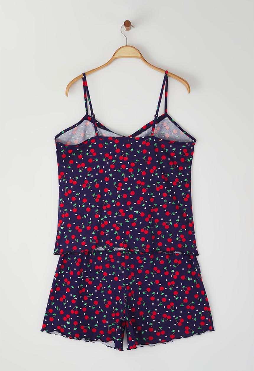 Trendyol - Cherry Patterned Knitted Pajama Set - Navy
