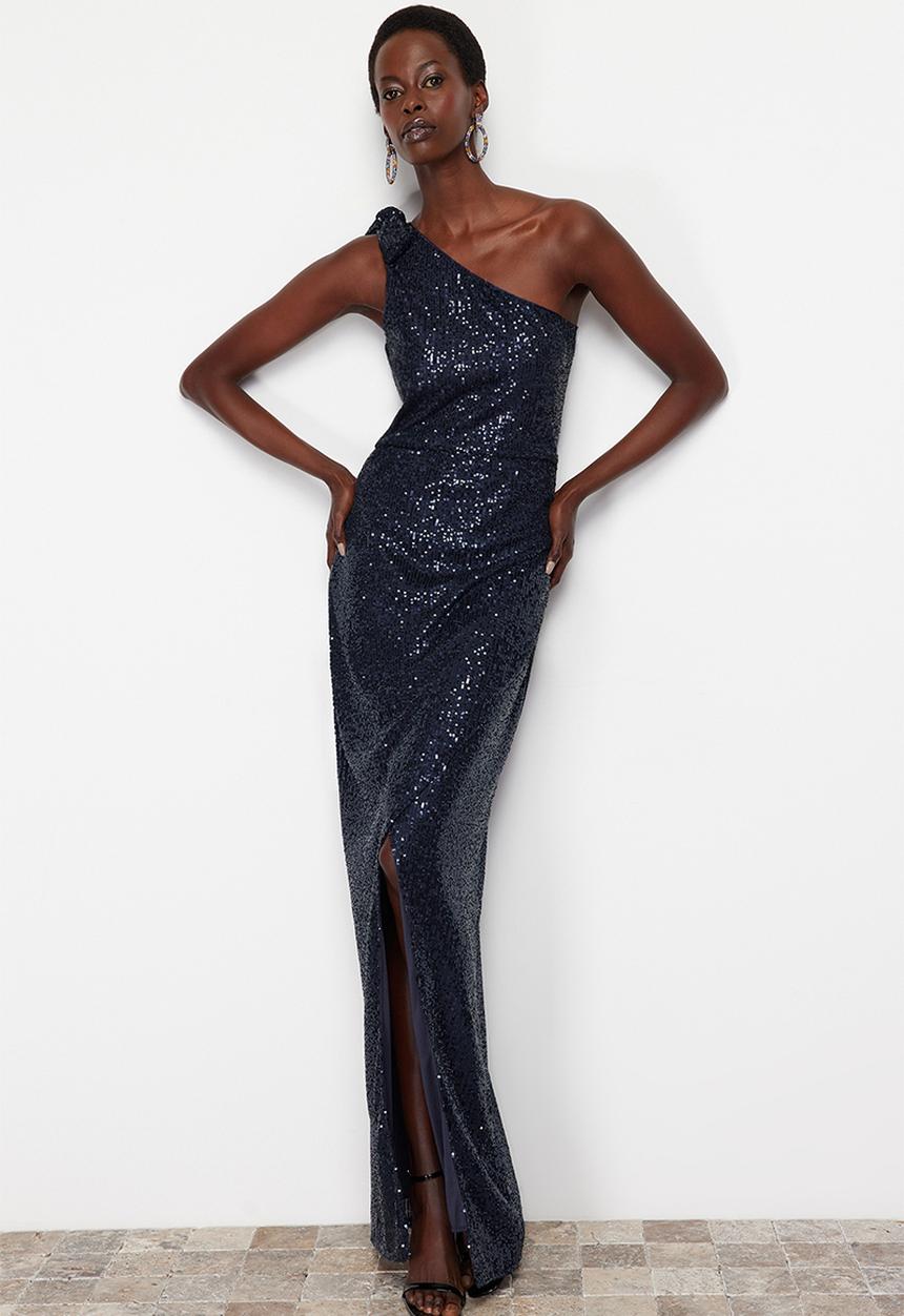 Trendyol - Single Sleeve Knitted Sequin Long Elegant Evening Dress - Navy blue