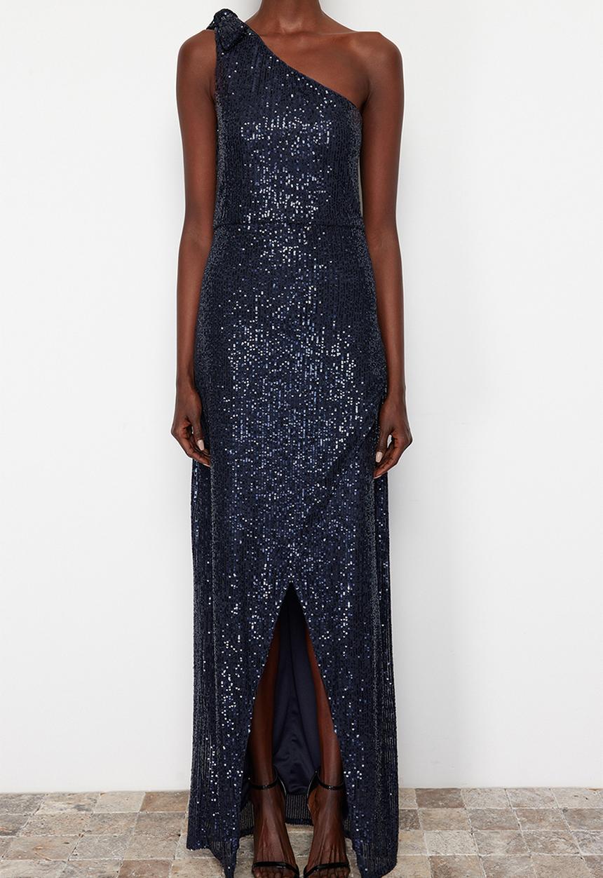 Trendyol - Single Sleeve Knitted Sequin Long Elegant Evening Dress - Navy blue