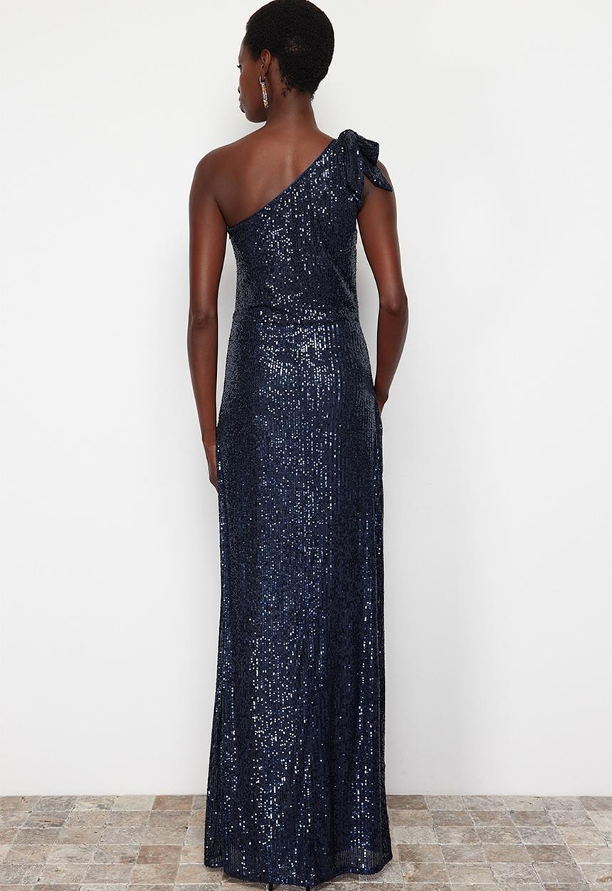 Trendyol - Single Sleeve Knitted Sequin Long Elegant Evening Dress - Navy blue