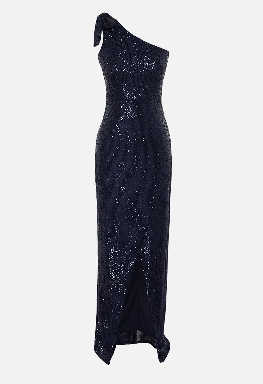 Trendyol - Single Sleeve Knitted Sequin Long Elegant Evening Dress - Navy blue