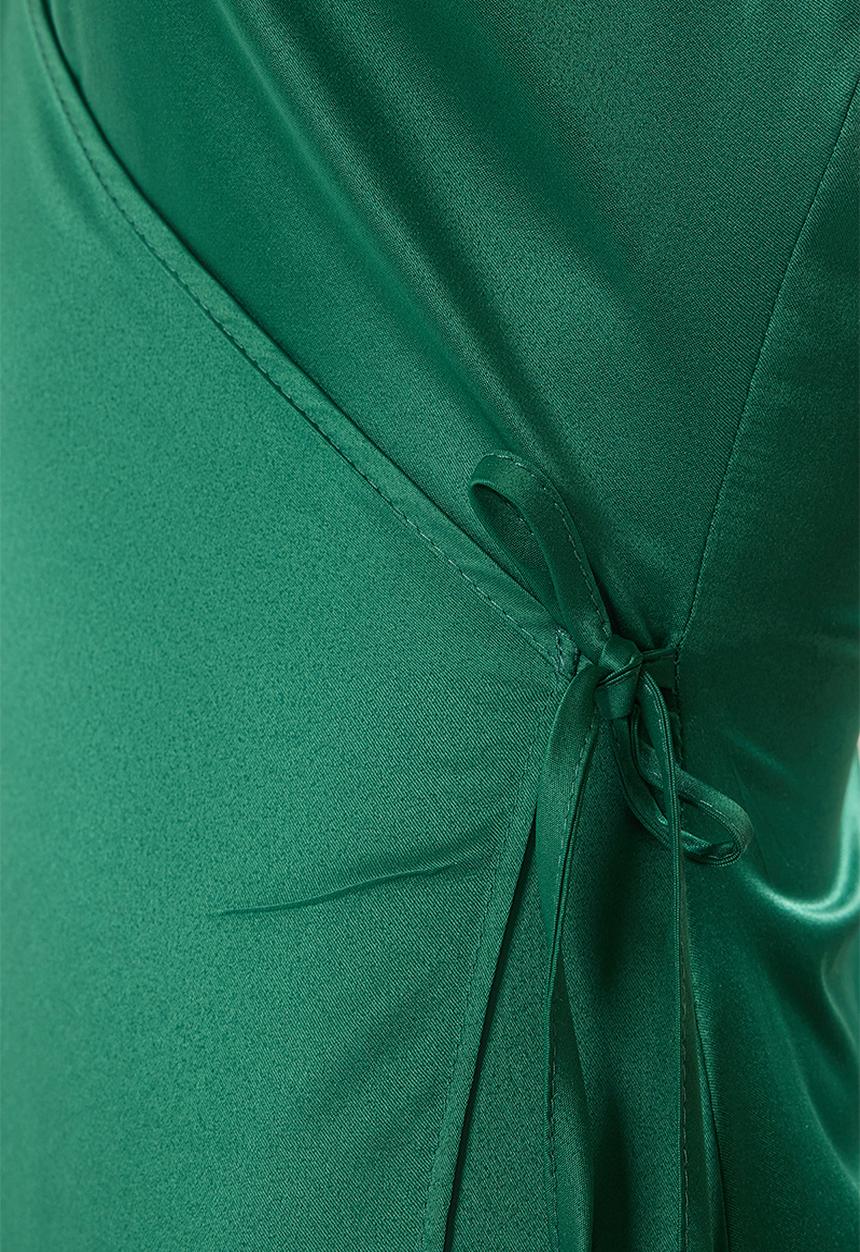Trendyol - A-Line Satin Wrap Dress - Emerald