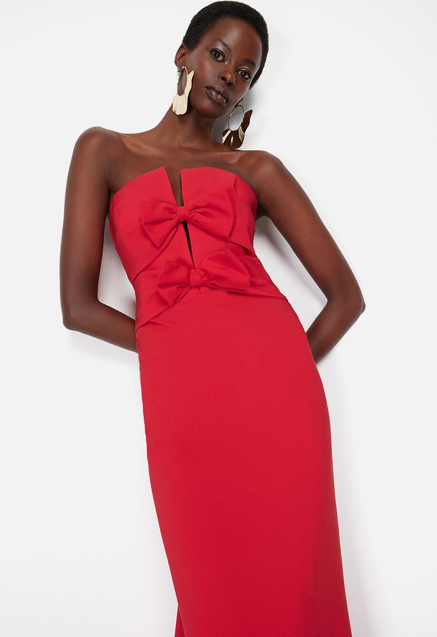 Trendyol - Bow Detailed Woven Long Elegant Evening Dress - Red