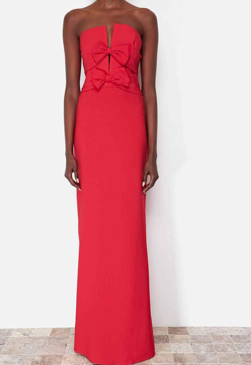 Trendyol - Bow Detailed Woven Long Elegant Evening Dress - Red