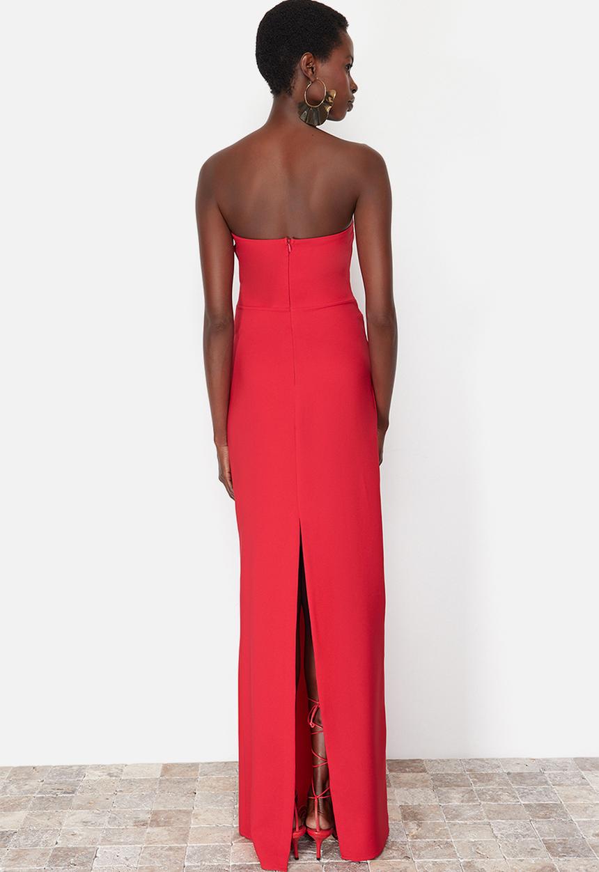 Trendyol - Bow Detailed Woven Long Elegant Evening Dress - Red
