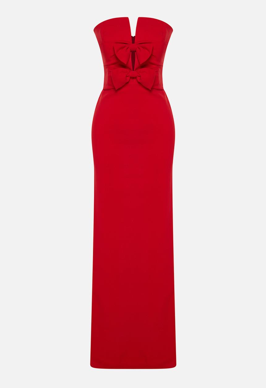 Trendyol - Bow Detailed Woven Long Elegant Evening Dress - Red