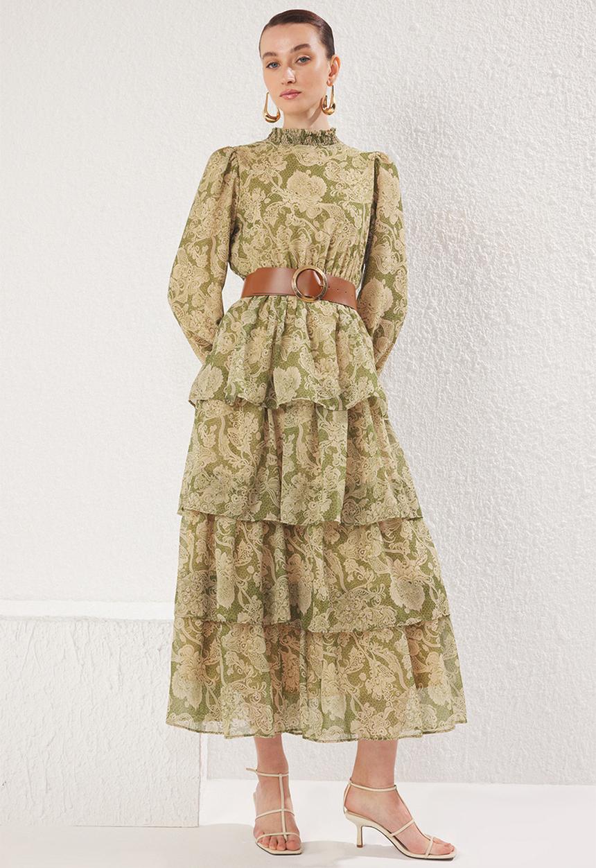 Trendyol - Stand Collar Patterned Belted Lined Chiffon Woven Dress - Green