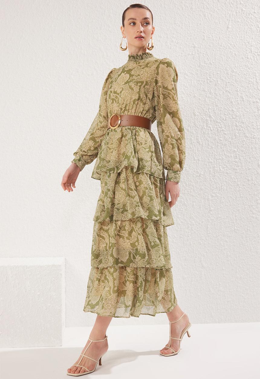 Trendyol - Stand Collar Patterned Belted Lined Chiffon Woven Dress - Green
