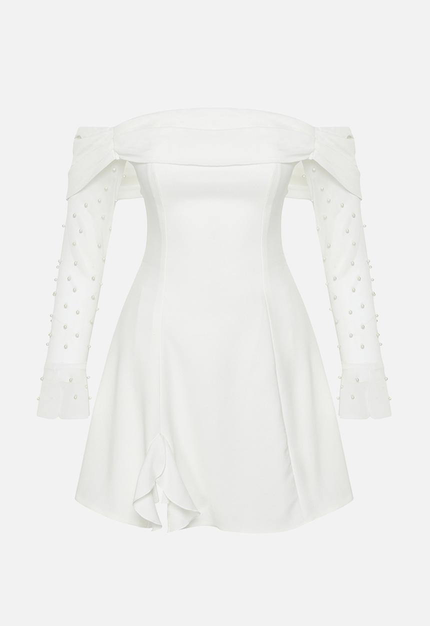 Trendyol - A-Line Lined Woven Short  Evening Dress - White