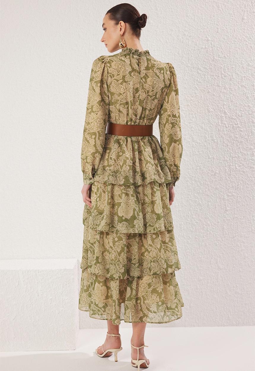 Trendyol - Stand Collar Patterned Belted Lined Chiffon Woven Dress - Green