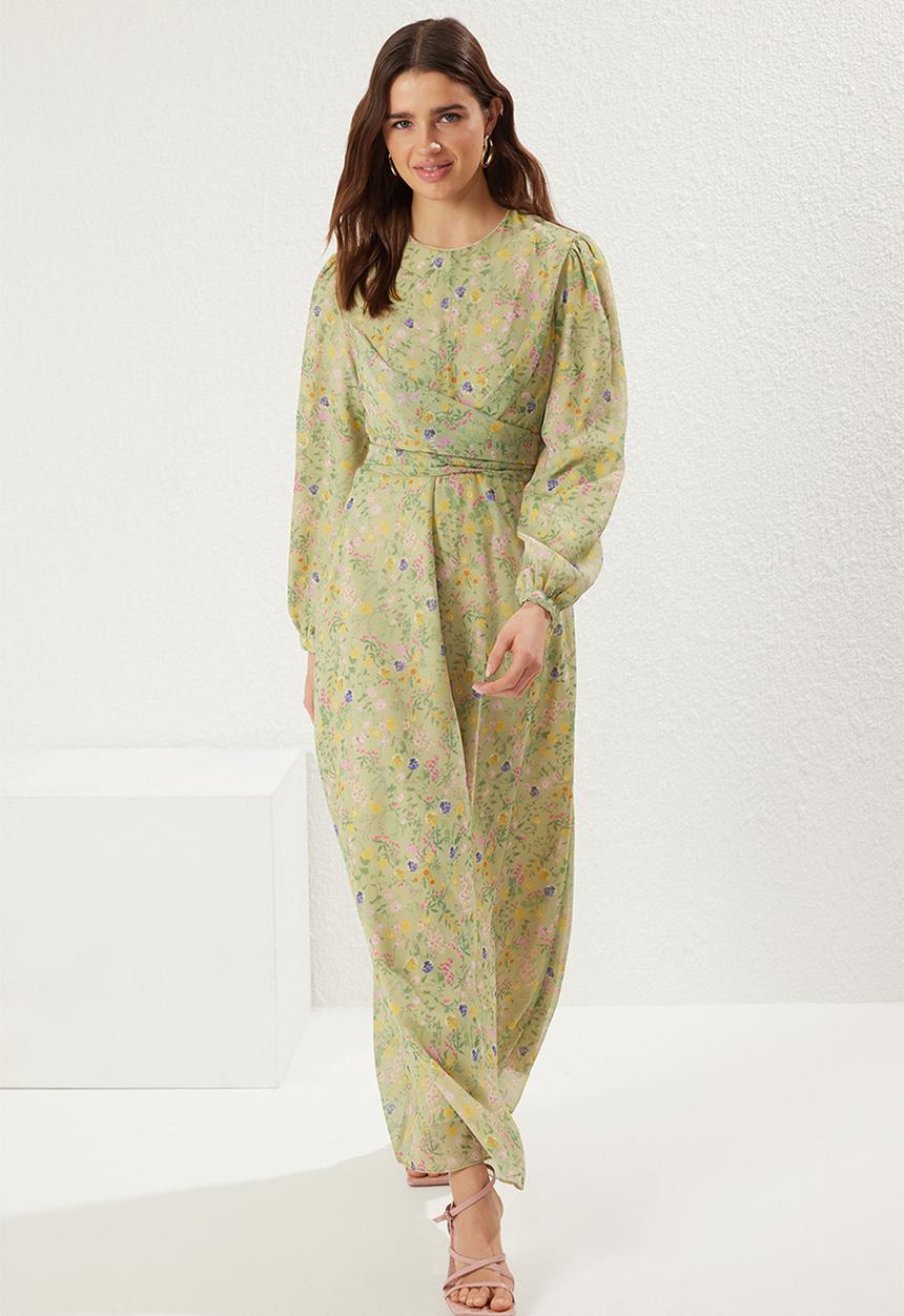 Trendyol - Double Breasted Tied Chiffon Lined Woven Floral Dress - Green
