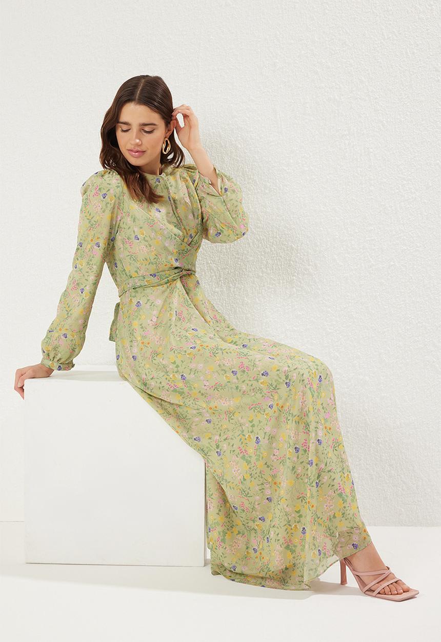 Trendyol - Double Breasted Tied Chiffon Lined Woven Floral Dress - Green