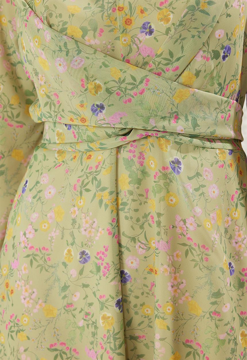 Trendyol - Double Breasted Tied Chiffon Lined Woven Floral Dress - Green