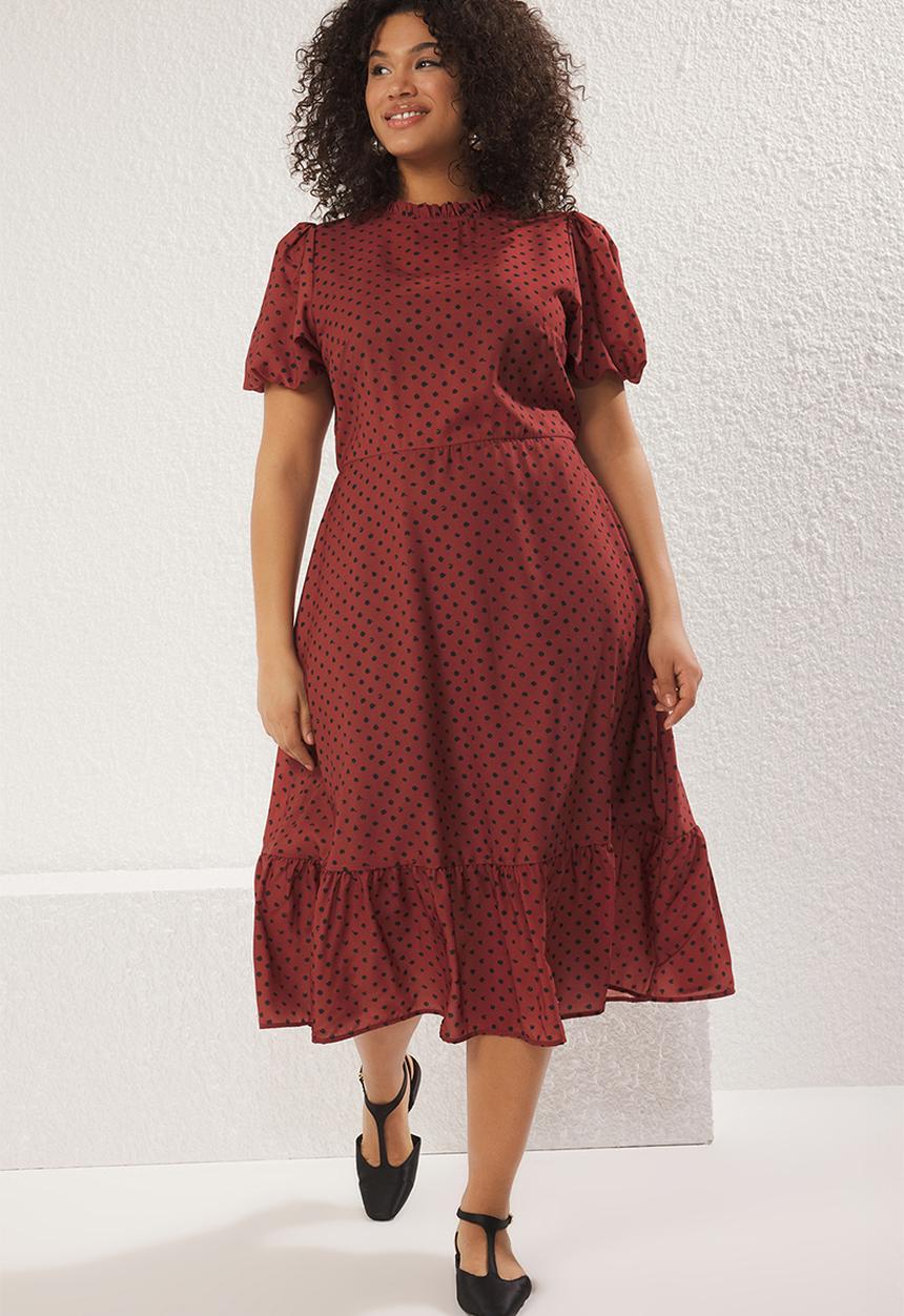 Trendyol - Stand collar polka dot patterned balloon sleeve long woven dress - brick color