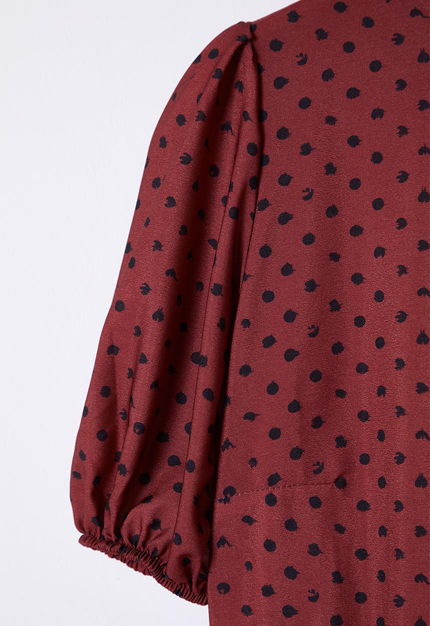 Trendyol - Stand collar polka dot patterned balloon sleeve long woven dress - brick color
