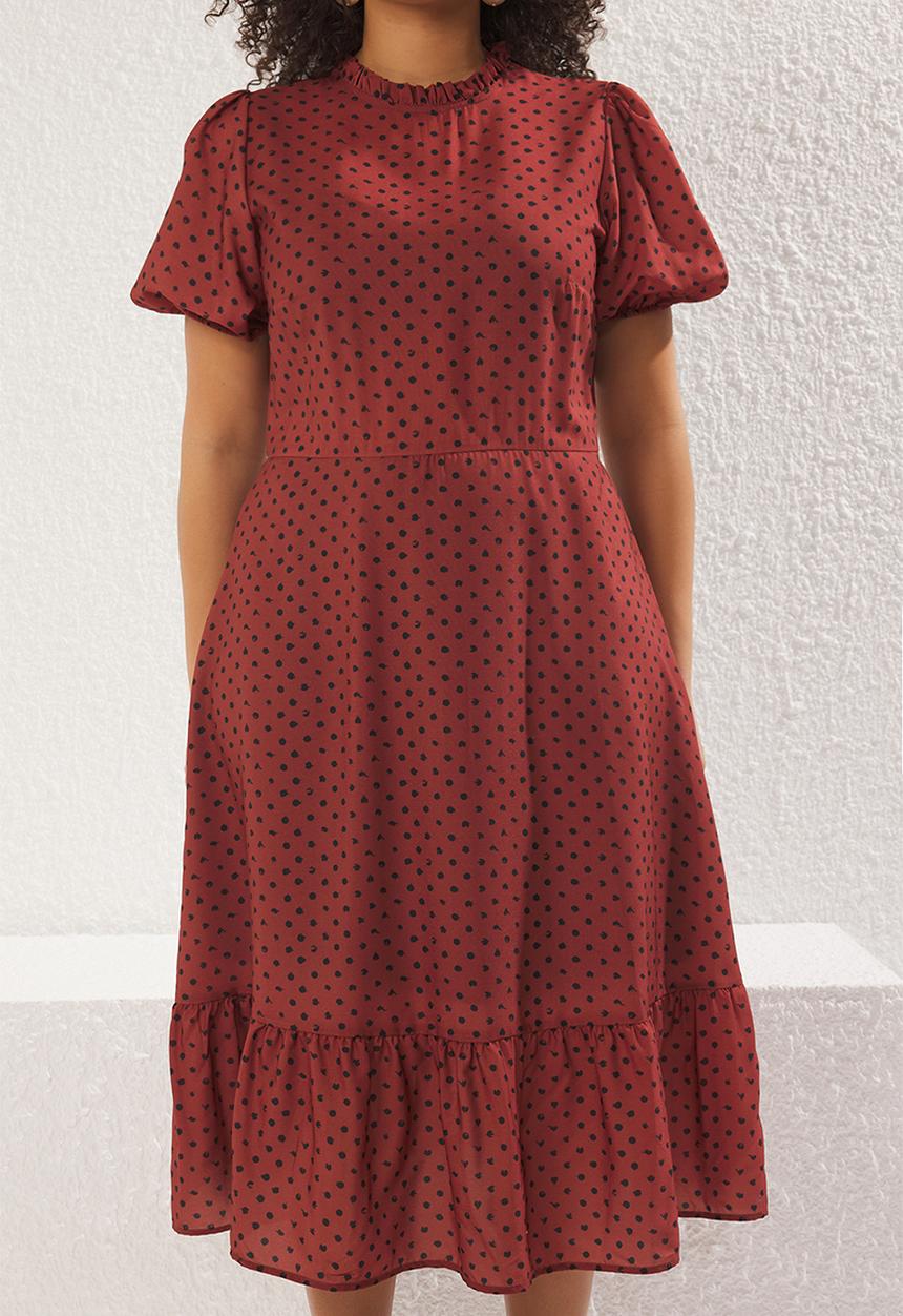 Trendyol - Stand collar polka dot patterned balloon sleeve long woven dress - brick color