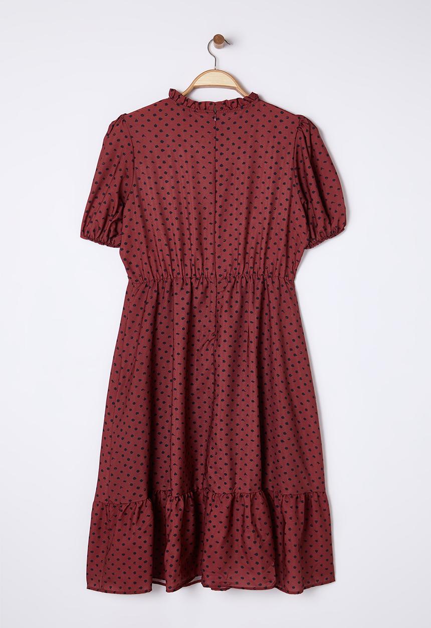 Trendyol - Stand collar polka dot patterned balloon sleeve long woven dress - brick color