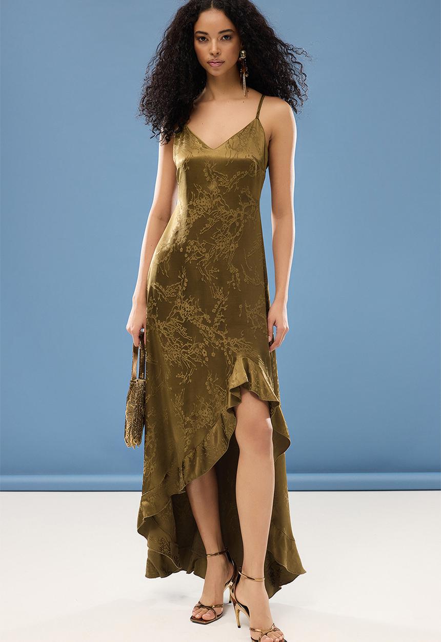 Trendyol - A-Line V-Neck Satin Woven Long Elegant Evening  Dress - Khaki