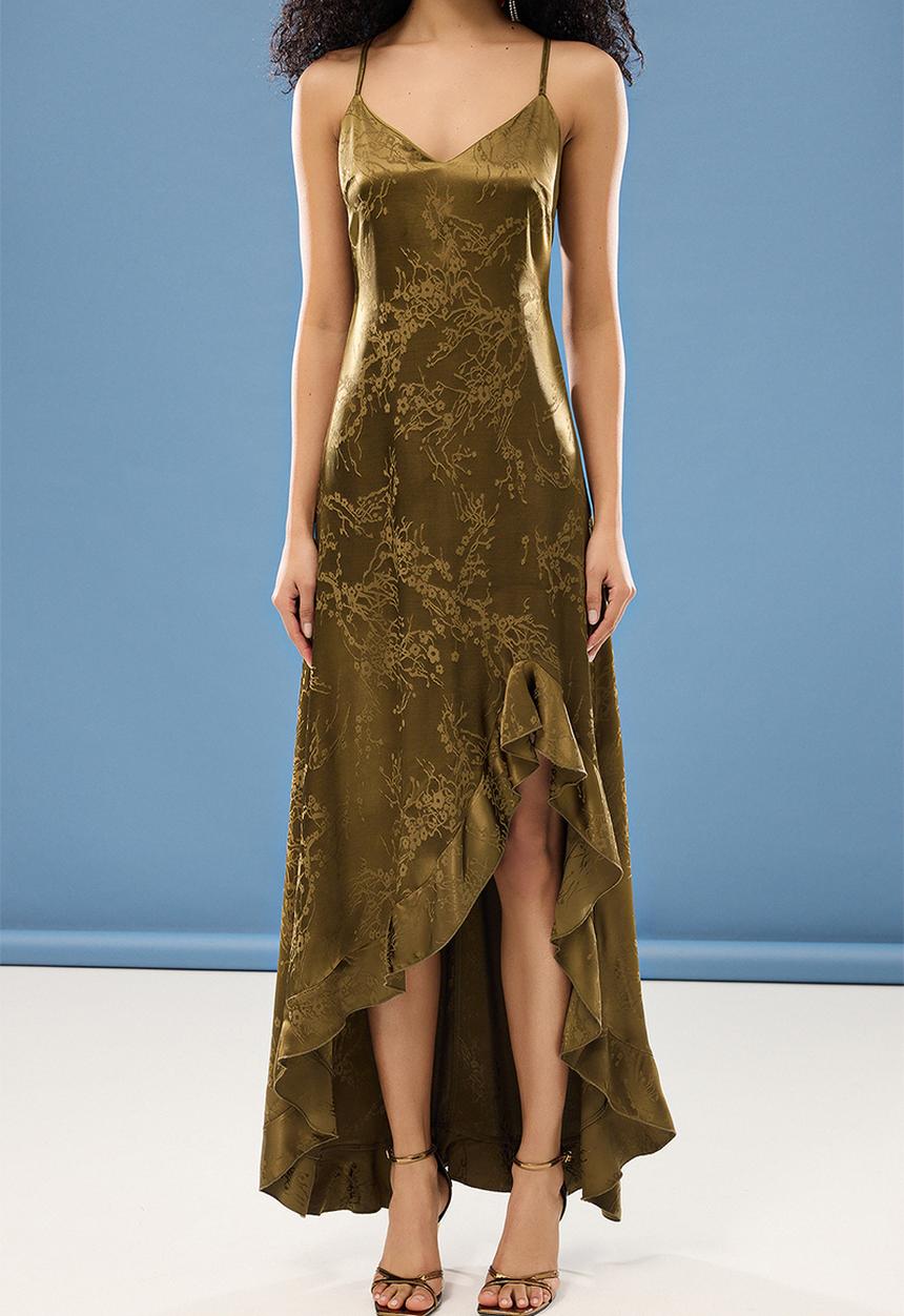 Trendyol - A-Line V-Neck Satin Woven Long Elegant Evening  Dress - Khaki