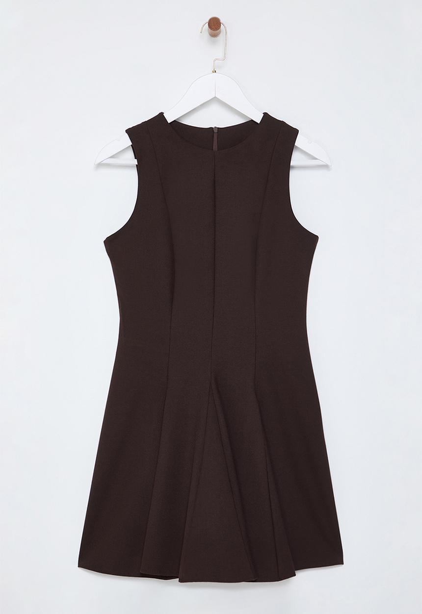Trendyol - Flare crew neck mini woven dress - brown