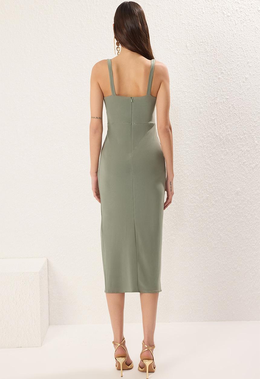 Trendyol - Drape woven midi evening dress - khaki