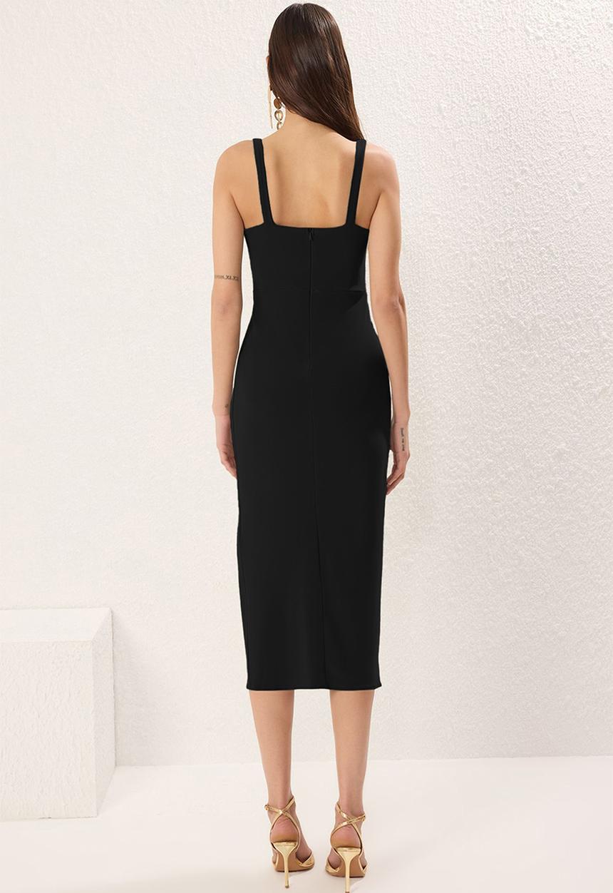 Trendyol - Drape woven midi unlined evening dress - black