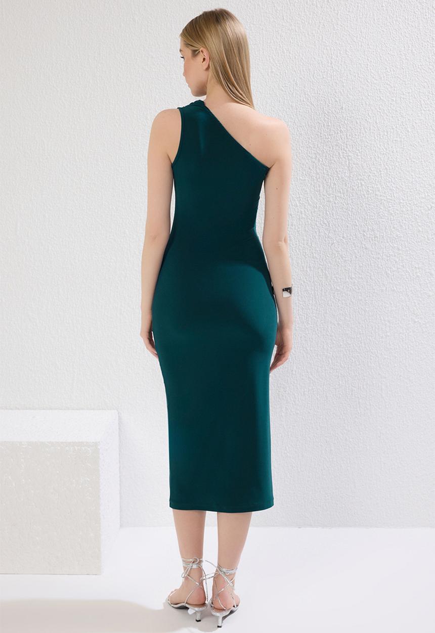 Trendyol - Plain one shoulder draped body stretch knit dress - emerald
