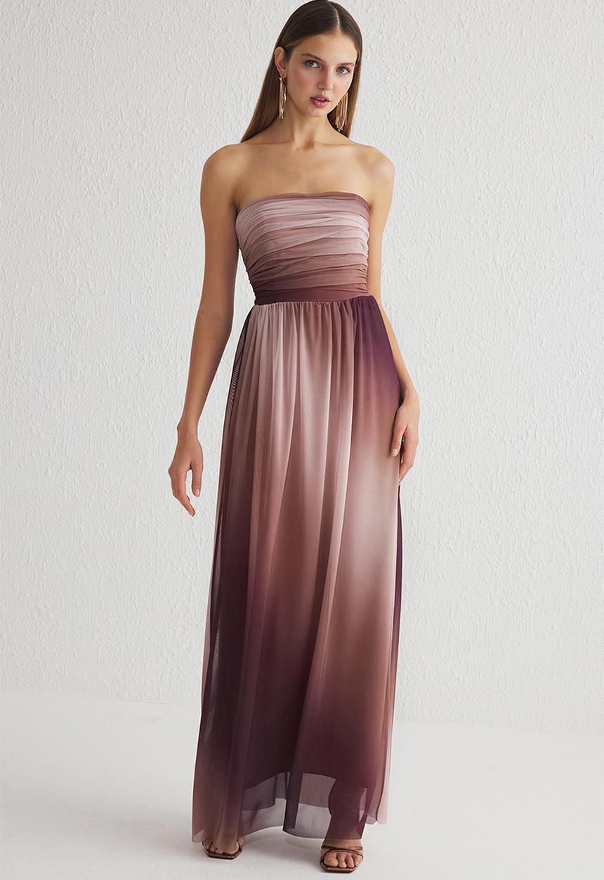 Trendyol -  Draped Detail Tulle Knitted Long  Evening Dress - Pink