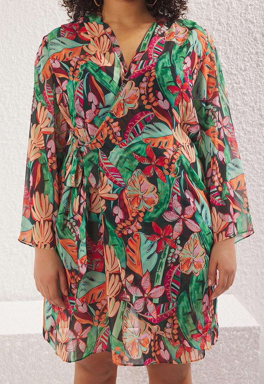 Trendyol - Chiffon double breasted closure mini beach wear plus size dress - multi