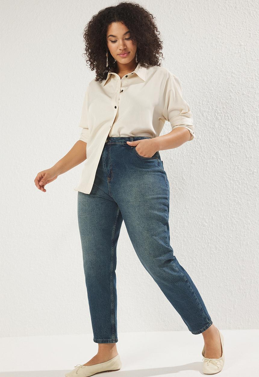 Trendyol - High waist comfort vintage washed mom fit plus size jeans - dark blue