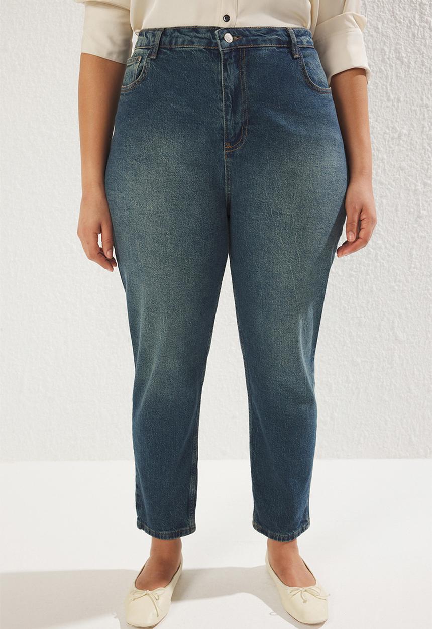Trendyol - High waist comfort vintage washed mom fit plus size jeans - dark blue