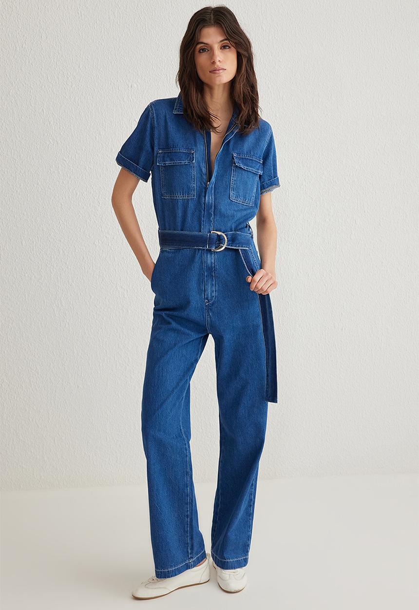 Trendyol - Pocket Detail Belted Denim Overalls - blue 