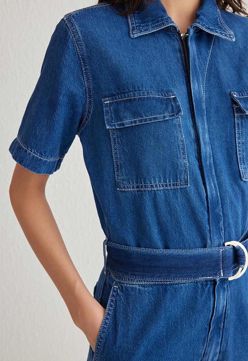 Trendyol - Pocket Detail Belted Denim Overalls - blue 
