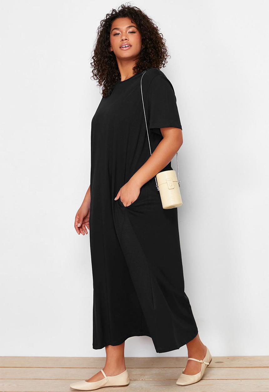Trendyol - Midi 100% cotton knitted t-shirt dress - black