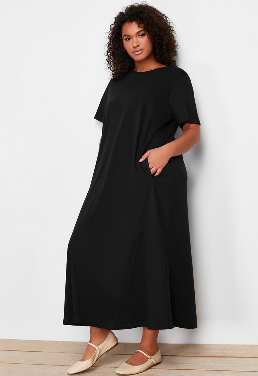Trendyol - Midi 100% cotton knitted t-shirt dress - black