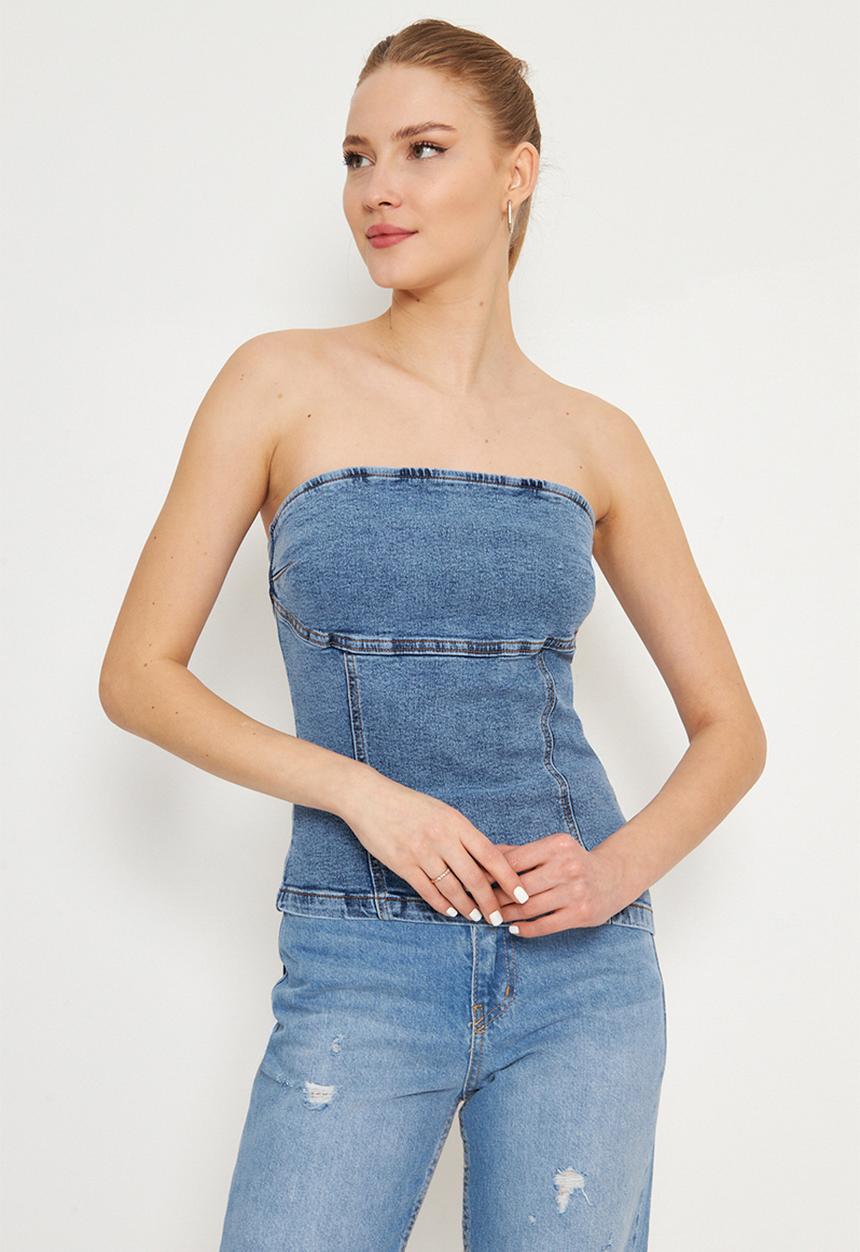 Trendyol - Strapless neckline asymmetrical denim blouse - blue