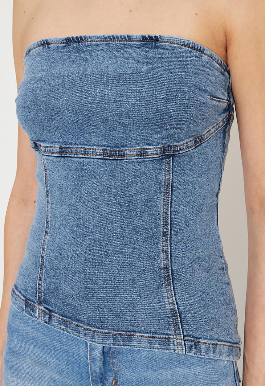 Trendyol - Strapless neckline asymmetrical denim blouse - blue