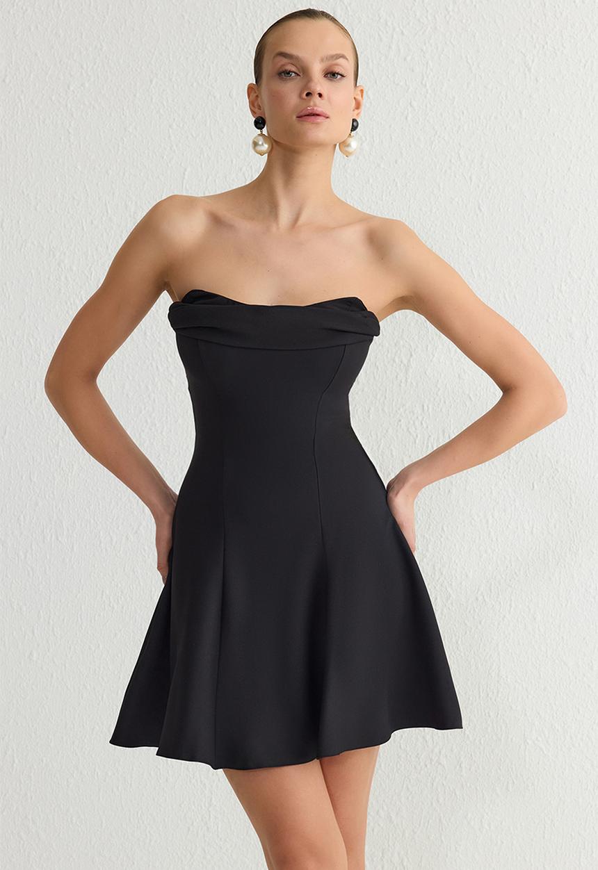 Trendyol - A-line strapless woven short elegant evening prom dress - black