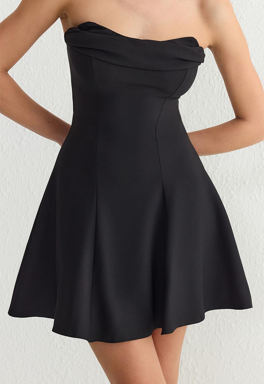 Trendyol - A-line strapless woven short elegant evening prom dress - black