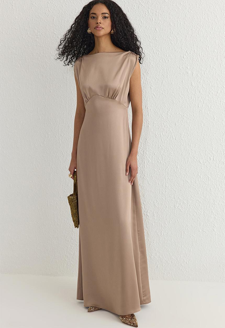 Trendyol - Lined Satin Woven Long Elegant Dress - Mink