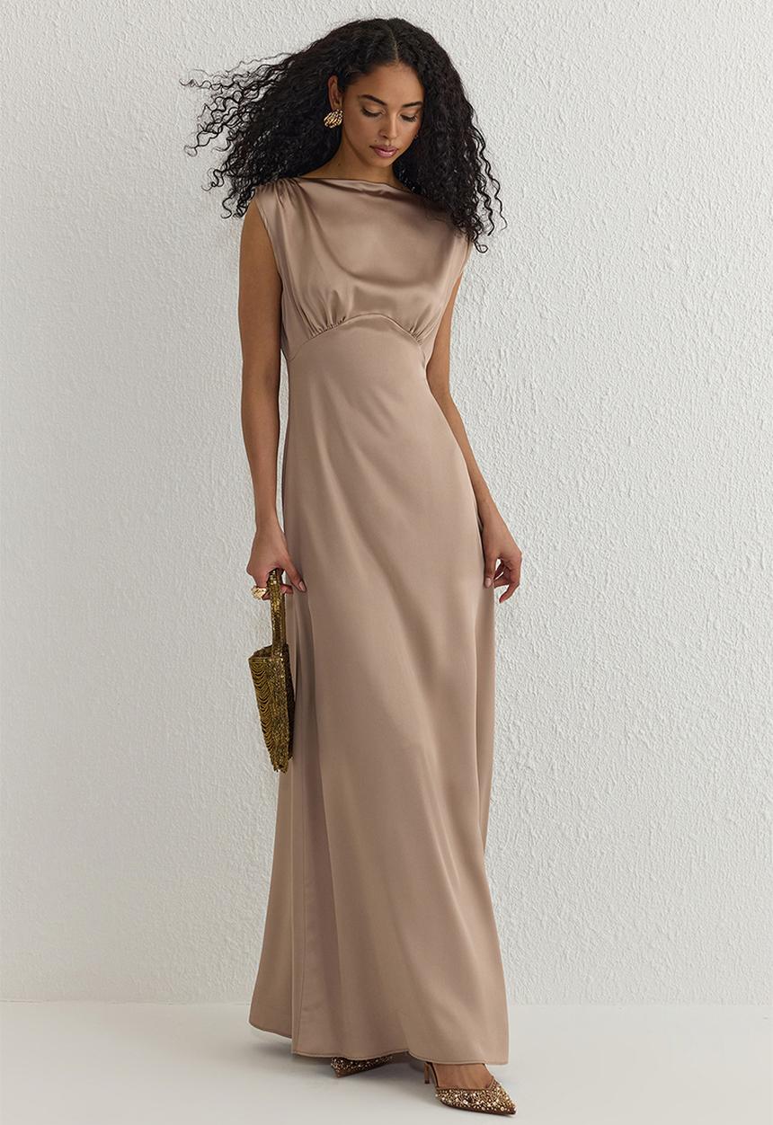 Trendyol - Lined Satin Woven Long Elegant Dress - Mink