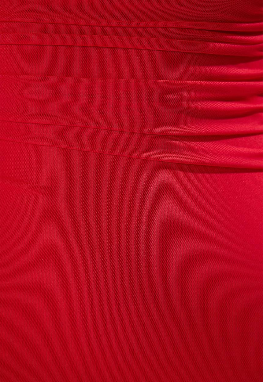 Trendyol - Bodycon Lined Tulle Knitted Evening Dress - Red