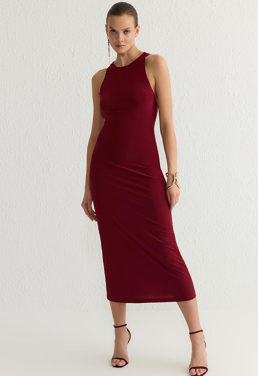 Trendyol - Bodycon back accessory detailed knitted evening dress - burgundy