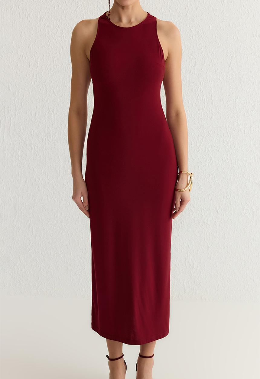 Trendyol - Bodycon back accessory detailed knitted evening dress - burgundy