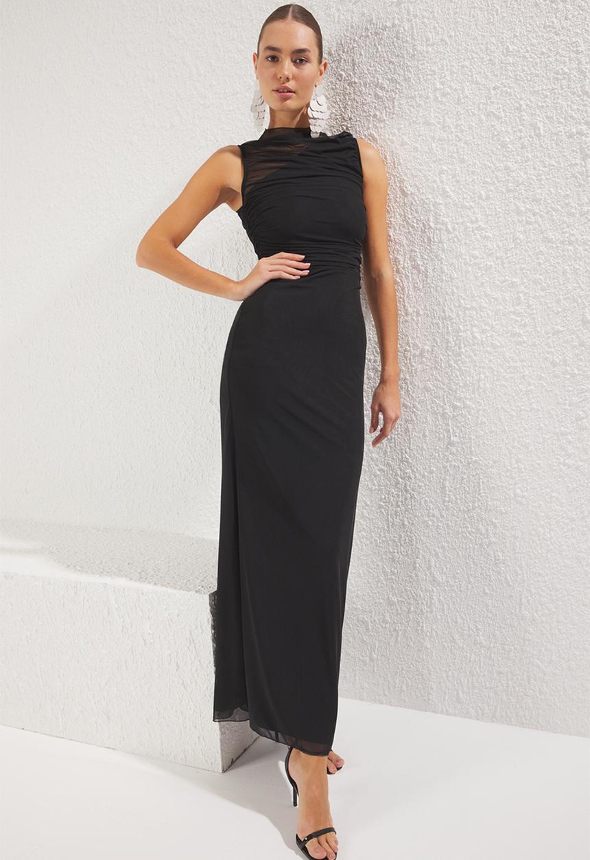 Trendyol - Bodycon Lined Tulle Knitted Evening Dress - Black