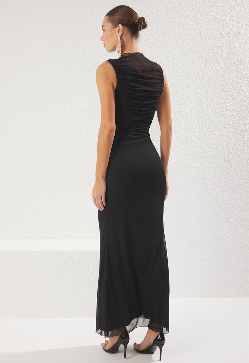 Trendyol - Bodycon Lined Tulle Knitted Evening Dress - Black