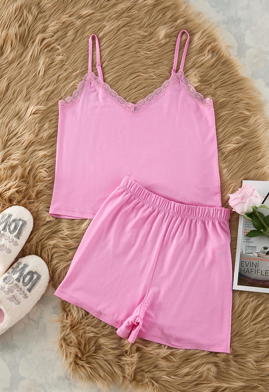 Trendyol - Pink Lace Rope Strap Viscose Shorts Knitted Pajama Set
